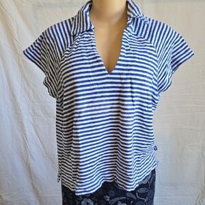 Striped V-Neck Blouse in Blue and White